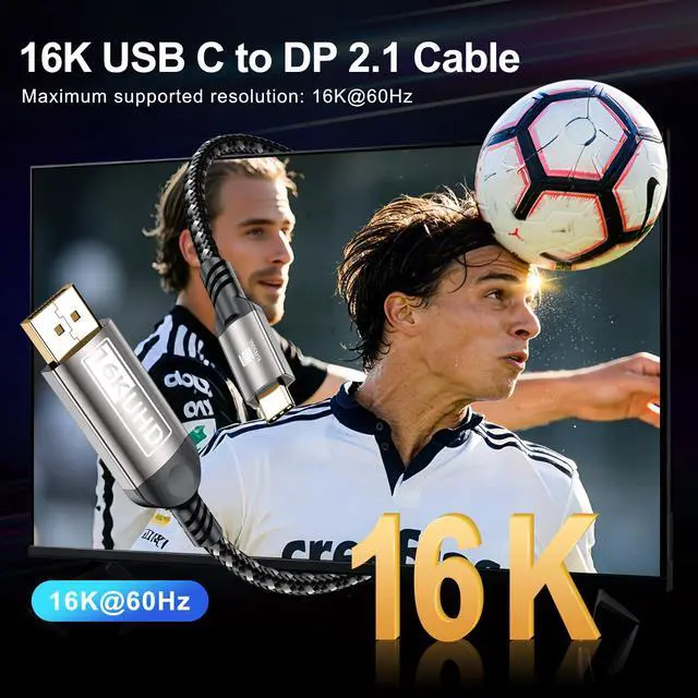 Alt view image 2 of 7 - USB-C to DisplayPort Cable 6.6ft (16K@60Hz 8K@120Hz), 80Gbps USB C to DP 2.1 Cord Thunderbolt 3/4/5 Compatible with MacBook Pro/Air, for iPhone 17 Pro Max, for iPad Pro, for iMac, for XPS.