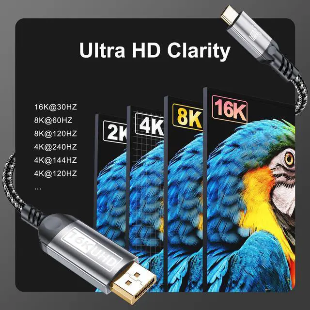 Alt view image 5 of 7 - USB-C to DisplayPort Cable 6.6ft (16K@60Hz 8K@120Hz), 80Gbps USB C to DP 2.1 Cord Thunderbolt 3/4/5 Compatible with MacBook Pro/Air, for iPhone 17 Pro Max, for iPad Pro, for iMac, for XPS.