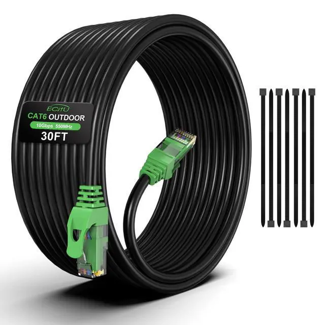 Main image of 30FT Cat6 Outdoor Ethernet Cable, In-Ground, Heavy Duty Direct Burial, 24AWG CCA Patch Cord for Laptops, PCs, Routers, Printers, Surveillance Camera, PoE, UTP Cat 6 Internet Cable with 25 Cable Ties