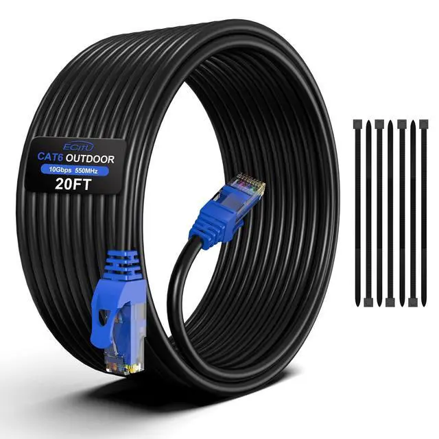 Main image of 20FT Cat6 Outdoor Ethernet Cable, In-Ground, Heavy Duty Direct Burial, 24AWG CCA Patch Cord, PoE, UTP, Waterproof, LLDPE UV Resistant, Network, Internet, LAN, Cat 6 Cable 20 Feet with 25 Cable Ties