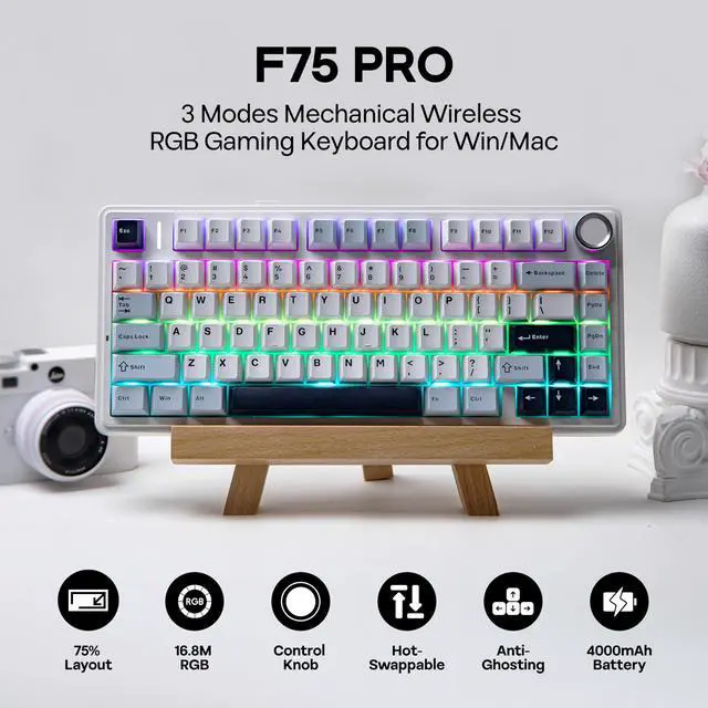 Alt view image 2 of 7 - Aula F75 PRO 75% Wireless Gaming Keyboard, Gasket Mechanical Custom Keyboard with Five-Layer Padding, BT/2.4GHz/USB-C, Hot Swappable, Knob, RGB, Reaper Switches (White Blue)