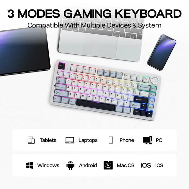 Alt view image 3 of 7 - Aula F75 PRO 75% Wireless Gaming Keyboard, Gasket Mechanical Custom Keyboard with Five-Layer Padding, BT/2.4GHz/USB-C, Hot Swappable, Knob, RGB, Reaper Switches (White Blue)