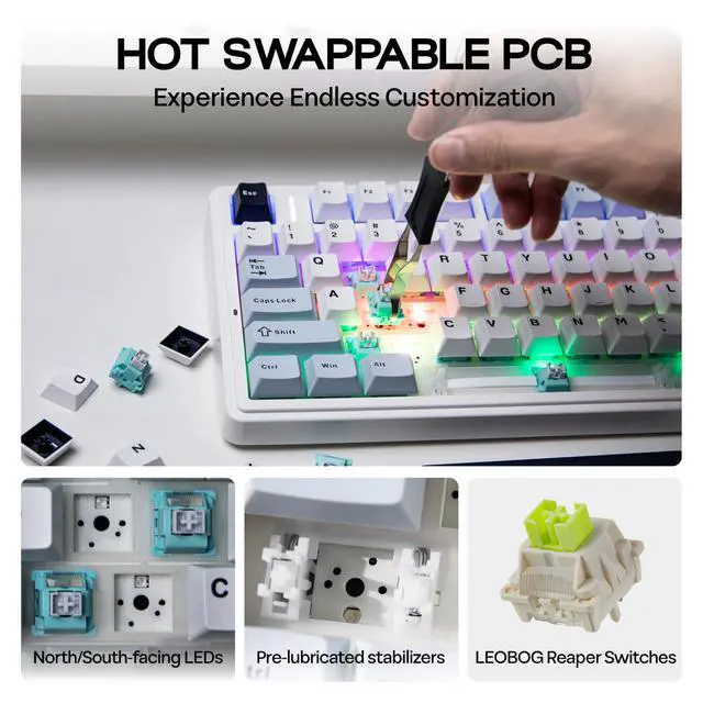 Alt view image 6 of 7 - Aula F75 PRO 75% Wireless Gaming Keyboard, Gasket Mechanical Custom Keyboard with Five-Layer Padding, BT/2.4GHz/USB-C, Hot Swappable, Knob, RGB, Reaper Switches (White Blue)