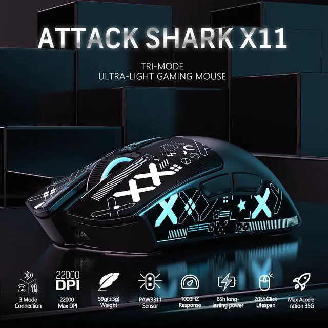 Alt view image 2 of 7 - Attack Shark X11 59g Superlight Wireless Gaming Mouse with Grip Tape, RGB Charging DockBT/2.4G Wireless/Wired Pc Mouse, 22000 DPI,5 Programmable Buttons for Pc/Mac(Black)