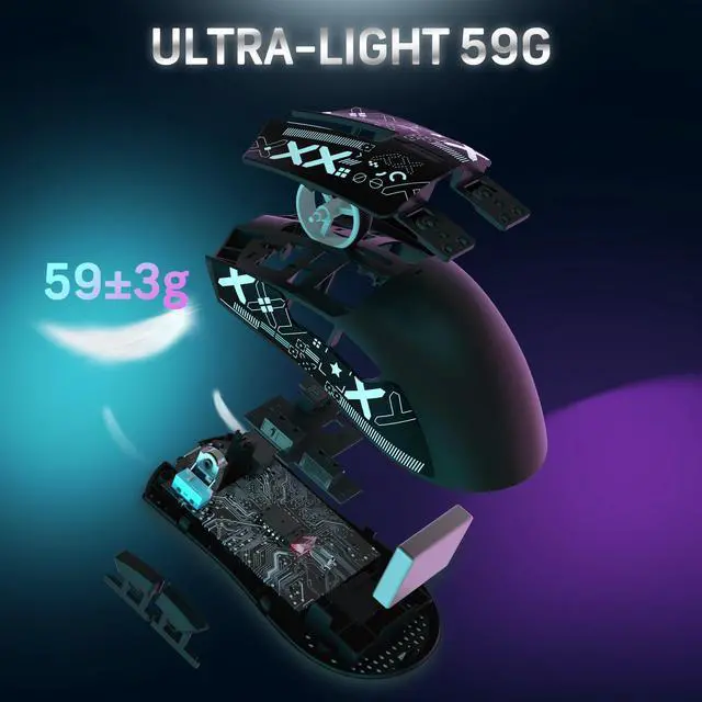 Alt view image 6 of 7 - Attack Shark X11 59g Superlight Wireless Gaming Mouse with Grip Tape, RGB Charging DockBT/2.4G Wireless/Wired Pc Mouse, 22000 DPI,5 Programmable Buttons for Pc/Mac(Black)