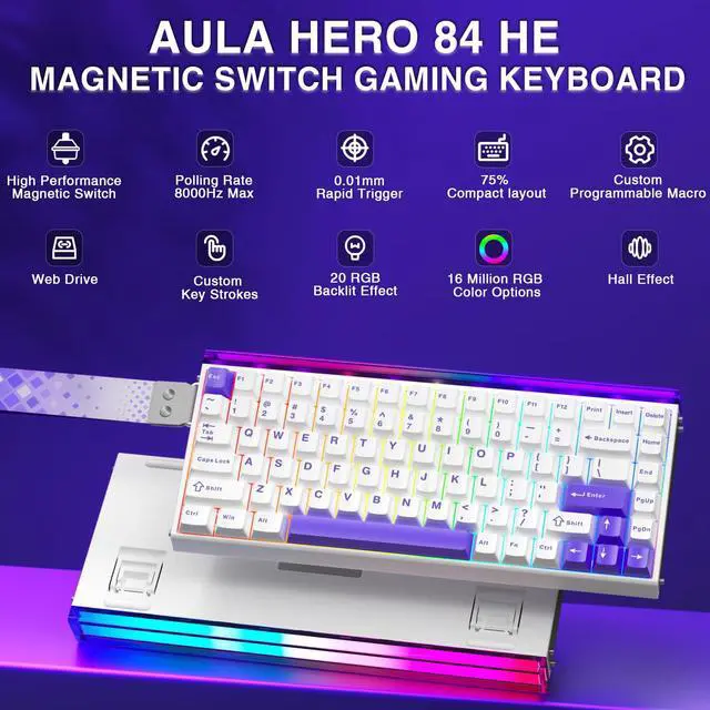 Alt view image 2 of 7 - Hero 84 HE - 75% Mechanical Gaming Keyboard Wired, Magnetic Switches Hot Swappable Hall Effect Keyboard, Rapid Trigger Mode 8000Hz Polling Rate, RGB Neon Light Box, Gamers Keyboards for PC/Mac