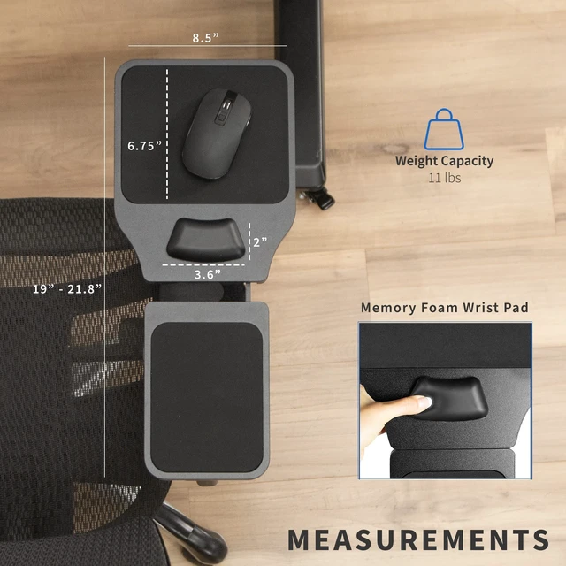 Alt view image 4 of 7 - VIVO Black Wooden Arm Rest Mouse Pad with Wrist Cushion, MOUNT-MS02D | Adjustable Length Support Platform Tray, Chair Attachment Extension with Straps