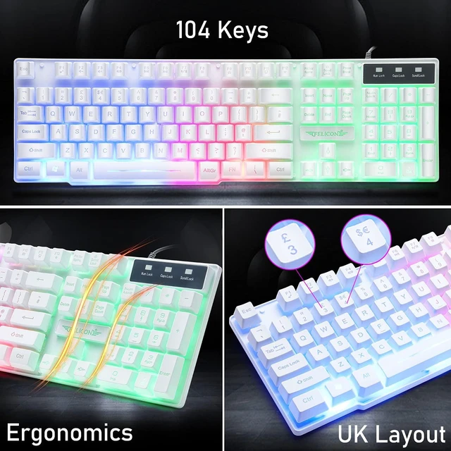 Alt view image 3 of 7 - Wired Gaming Keyboard and Mouse Headset Combo,Rainbow LED Backlit Wired Keyboard,Over Ear Headphone with Mic,Rainbow Backlit Gaming Mice,Mouse Pad,for PC,Laptop,Mac,PS4,Xbox(White)