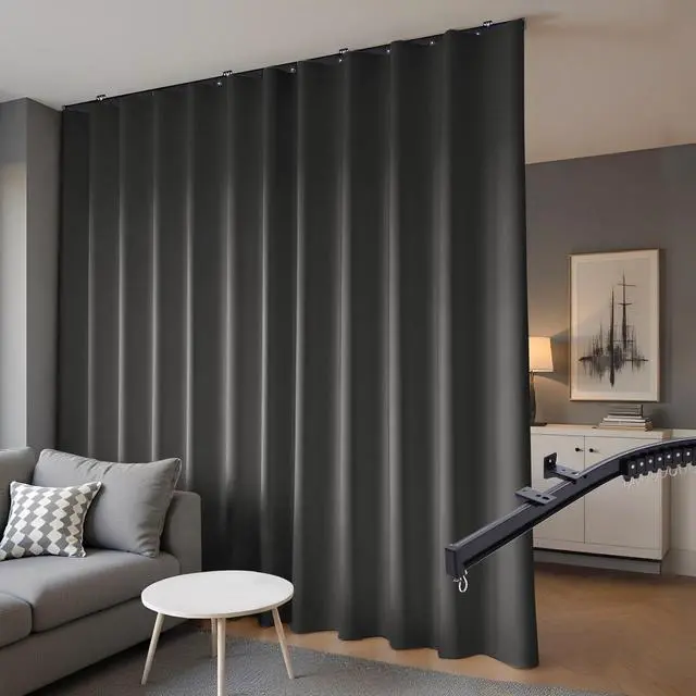 Main image of Room Divider Blackout Curtains & Ceiling Curtain Track Set Wall Mount Extra Wide Track Curtains Flexible Sliding Curtain Rod Room Separation PrivacyW 72 x H 72 in Black Drape & Black Rail