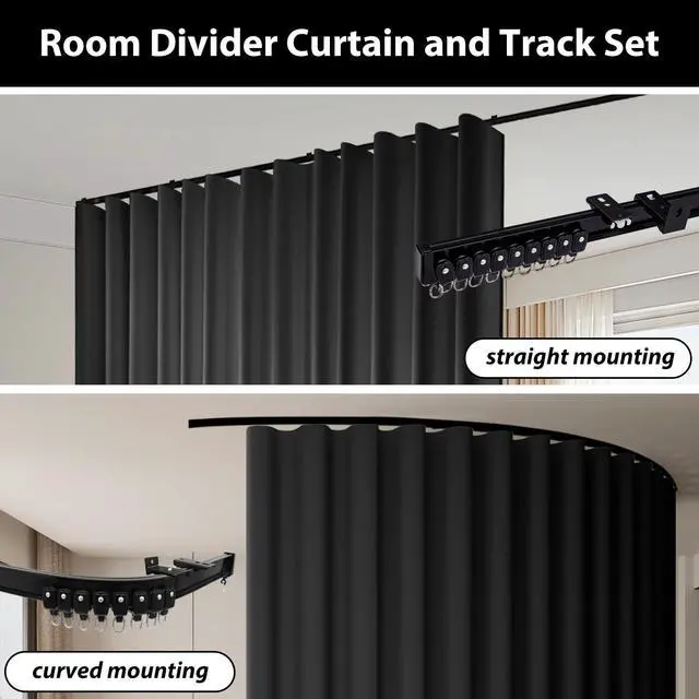 Alt view image 4 of 7 - Room Divider Blackout Curtains & Ceiling Curtain Track Set Wall Mount Extra Wide Track Curtains Flexible Sliding Curtain Rod Room Separation PrivacyW 72 x H 72 in Black Drape & Black Rail