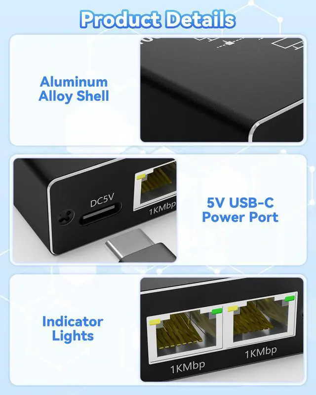 Alt view image 7 of 7 - Ethernet Splitter 1 to 4, Kit with 2 LAN Cable Cat6, 1000Mbps High-Speed RJ45 LAN Splitter Adapter to Connect 4 Devices Simultaneously, USB Powered RJ45 Network Extension for Cat8/7/6/5e/5 Cable