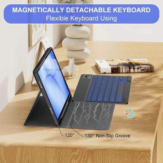 Alt view image 6 of 7 - Keyboard Case for Samsung Galaxy Tab A11+ Plus 11 Inch, Black | 7-Color Backlit Keys, Wireless Detachable Folio Keyboard Cover, Built in S Pen Holder, Different Viewing Angles