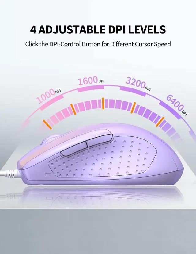 Alt view image 2 of 6 - Wired Mouse, 6-Button Corded with 4 Adjustable DPI, Optical Ergonomic Design, 5FT Cord for Laptop, Chromebook, PC, Desktop, Mac, Notebook - Gradient Lavender