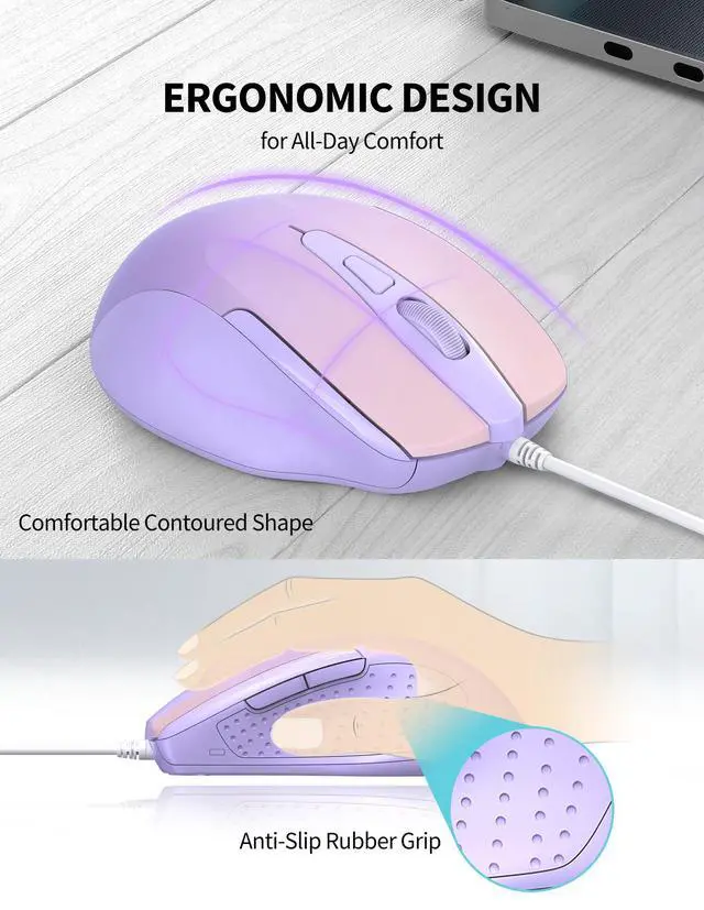 Alt view image 4 of 6 - Wired Mouse, 6-Button Corded with 4 Adjustable DPI, Optical Ergonomic Design, 5FT Cord for Laptop, Chromebook, PC, Desktop, Mac, Notebook - Gradient Lavender