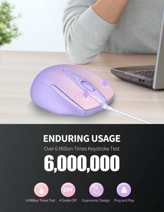 Alt view image 5 of 6 - Wired Mouse, 6-Button Corded with 4 Adjustable DPI, Optical Ergonomic Design, 5FT Cord for Laptop, Chromebook, PC, Desktop, Mac, Notebook - Gradient Lavender