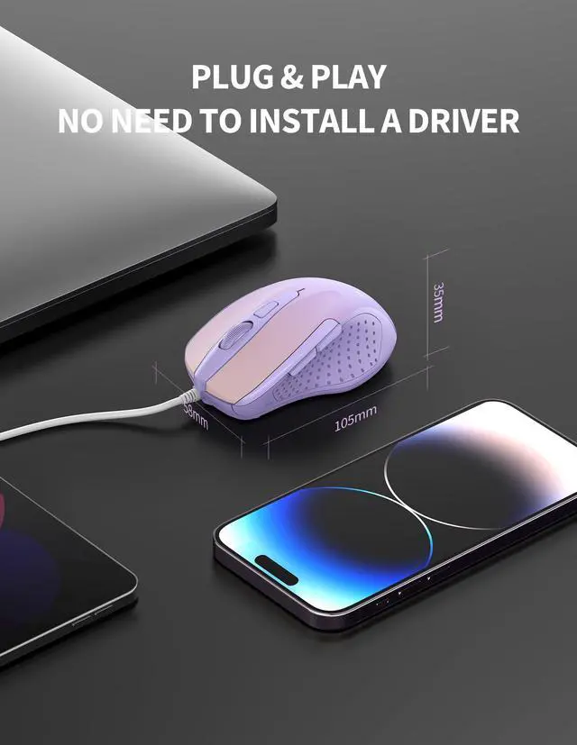 Alt view image 6 of 6 - Wired Mouse, 6-Button Corded with 4 Adjustable DPI, Optical Ergonomic Design, 5FT Cord for Laptop, Chromebook, PC, Desktop, Mac, Notebook - Gradient Lavender