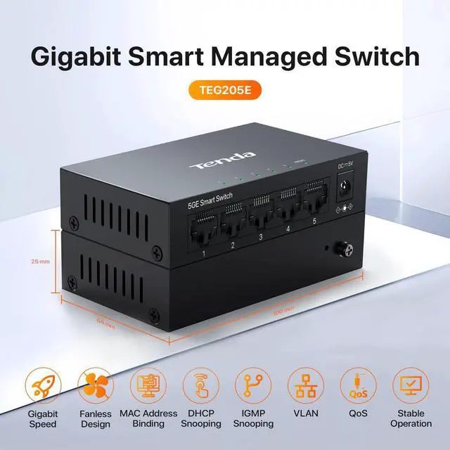 Alt view image 2 of 7 - TEG205E, 5 Port Managed Gigabit Switch, Easy Smart Managed, Base-T Ports, Desktop/Wall-Mount, VLAN/IGMP/LAG/QoS, 10Gbps Switching Capacity, Fanless Metal Design