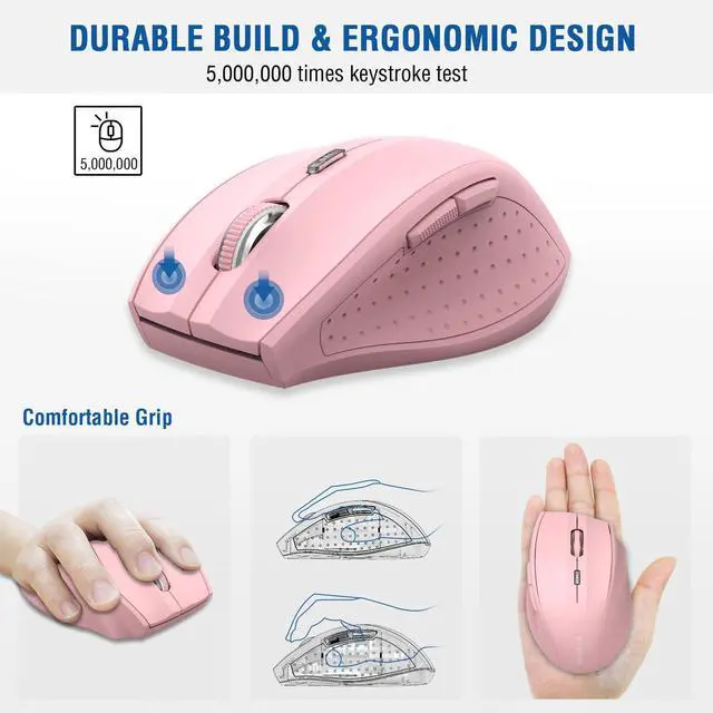 Alt view image 4 of 7 - Wireless Mouse for Laptop, Portable Optical Computer Mouse, 6 Buttons, Cordless 2.4GHz with USB Receiver, 5-Level 4800 DPI, 18 Months Battery Life, for PC, Chromebook, Windows, Mac(Pink)