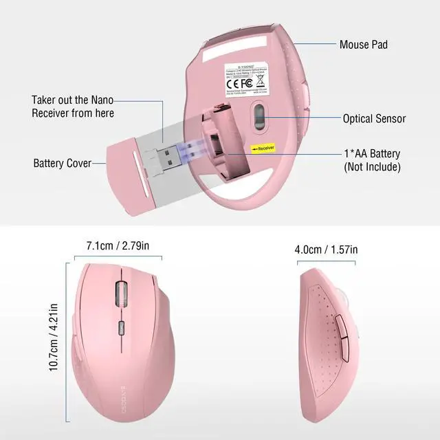 Alt view image 5 of 7 - Wireless Mouse for Laptop, Portable Optical Computer Mouse, 6 Buttons, Cordless 2.4GHz with USB Receiver, 5-Level 4800 DPI, 18 Months Battery Life, for PC, Chromebook, Windows, Mac(Pink)