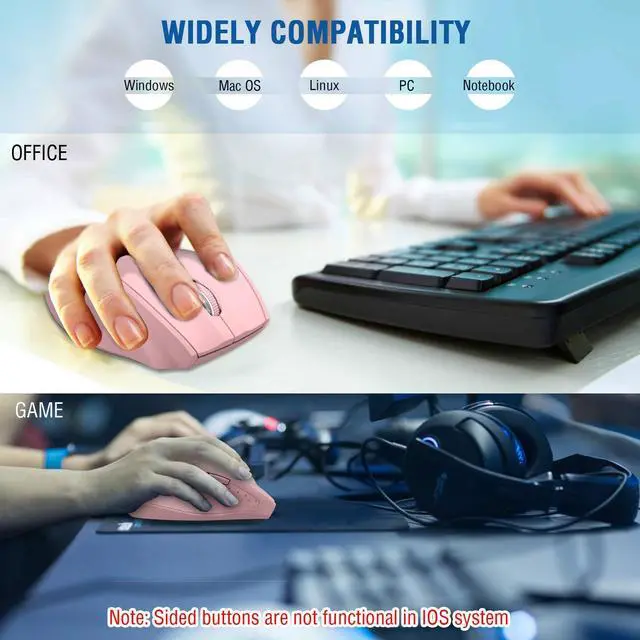 Alt view image 7 of 7 - Wireless Mouse for Laptop, Portable Optical Computer Mouse, 6 Buttons, Cordless 2.4GHz with USB Receiver, 5-Level 4800 DPI, 18 Months Battery Life, for PC, Chromebook, Windows, Mac(Pink)