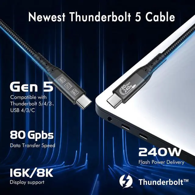 Alt view image 2 of 7 - Thunderbolt 5 Cable 3.3ft USB 4,High Speed USB-C Up to 120Gbps Bandwidth,240W PD3.1 Fast Charging,80Gbps Data Transfer,Compatible for Ultra MacBook Pro iPhone 17/16/15 Mac mini M4,16K Display