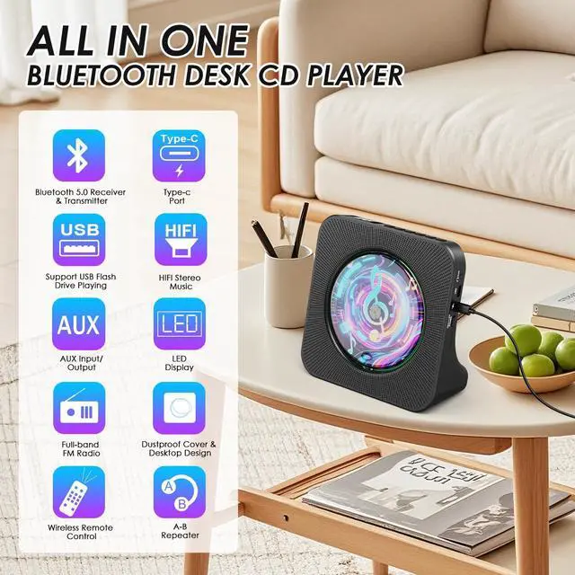 Alt view image 2 of 7 - CD Player Portable Bluetooth Desktop CD Player for Home with Timer Built-in HiFi Speakers with LCD Screen Display Boombox FM Radio USB Type-c (Black)