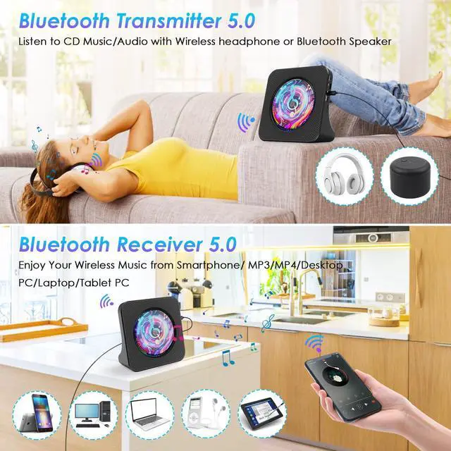 Alt view image 3 of 7 - CD Player Portable Bluetooth Desktop CD Player for Home with Timer Built-in HiFi Speakers with LCD Screen Display Boombox FM Radio USB Type-c (Black)