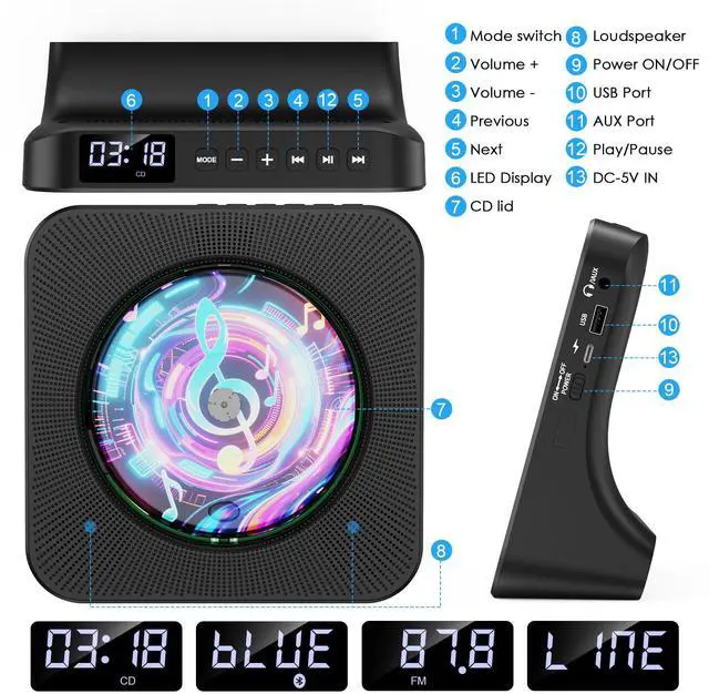 Alt view image 6 of 7 - CD Player Portable Bluetooth Desktop CD Player for Home with Timer Built-in HiFi Speakers with LCD Screen Display Boombox FM Radio USB Type-c (Black)