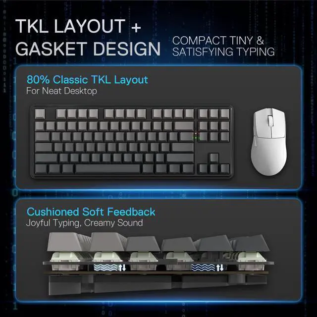 Alt view image 3 of 7 - K707 PRO GB 80% Gasket RGB Gaming Keyboard, 3-Modes Wireless TKL Mechanical Keyboard w/Hot-Swap South-Facing LEDs Socket, PBT Gradient Keycaps & 5-Layer Noise Dampening, Custom Linear Switch