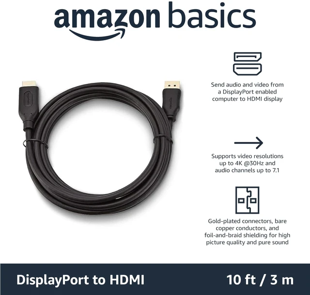 Alt view image 2 of 6 - Amazon Basics DisplayPort to HDMI Display Cable, Uni-Directional, 4K@30Hz, 1080P Full HD, 1920x1200, Gold-Plated Plugs, Durable & Flexible, 10 Foot, Black, 5-Pack