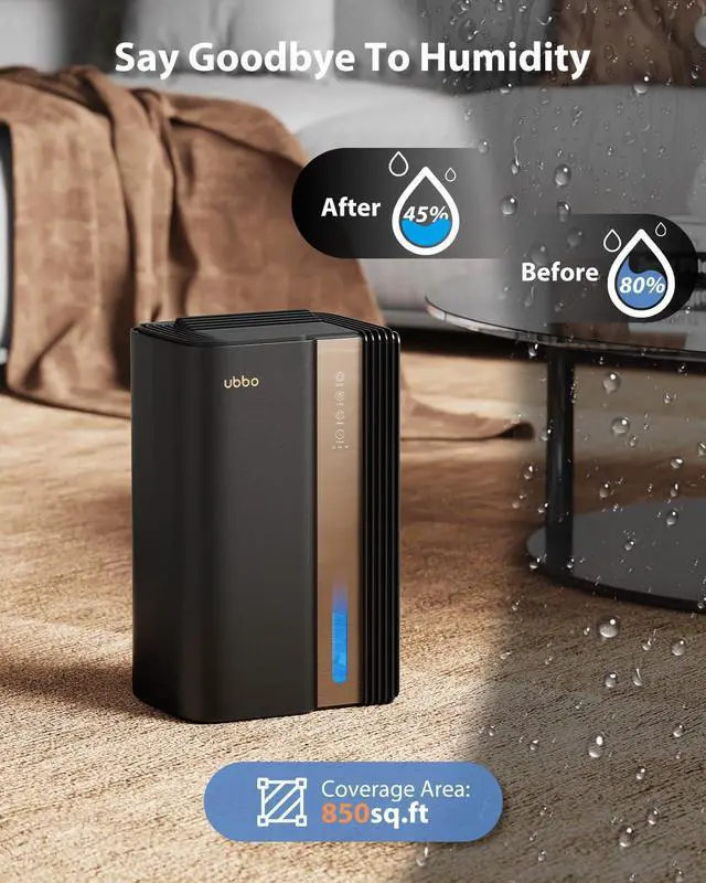Alt view image 2 of 7 - 95oz Dehumidifiers for Home, 1000 Sq.Ft Dehumidifier with Drain Hose - Auto Shut Off, Timer, Sleep Mode & Drain Hose - 7 Color Light for Bedroom, Bathroom, RV - Black Gold