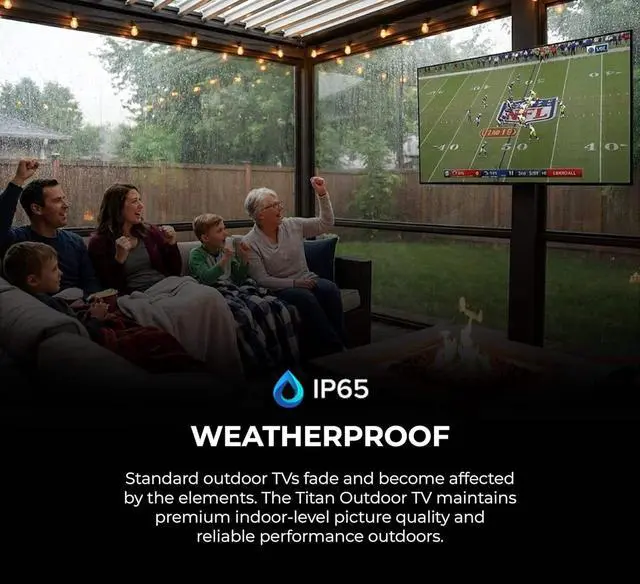 Alt view image 3 of 7 - Titan G100 QLED 43-Inch 4K Smart Outdoor TV, Covered Patio, IP65 Weatherproof, 1000 Nits, Dolby Vision/HDR10+, 60Hz, Google TV AI, Wi-Fi 5, Dolby Atmos, TV Cover, Slim Bezel, 2-Year Warranty
