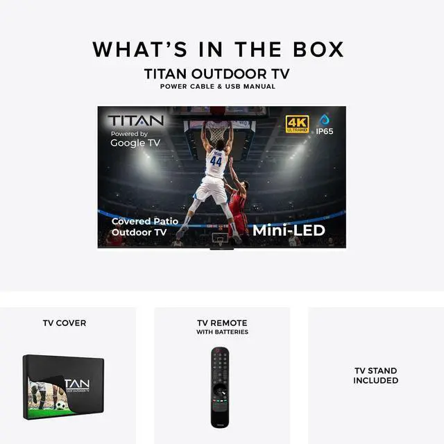 Alt view image 7 of 7 - Titan G100 QLED 43-Inch 4K Smart Outdoor TV, Covered Patio, IP65 Weatherproof, 1000 Nits, Dolby Vision/HDR10+, 60Hz, Google TV AI, Wi-Fi 5, Dolby Atmos, TV Cover, Slim Bezel, 2-Year Warranty