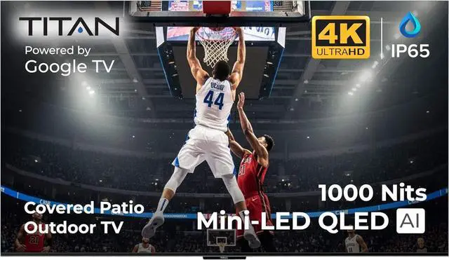 Main image of Titan G100 QLED 43-Inch 4K Smart Outdoor TV, Covered Patio, IP65 Weatherproof, 1000 Nits, Dolby Vision/HDR10+, 60Hz, Google TV AI, Wi-Fi 5, Dolby Atmos, TV Cover, Slim Bezel, 2-Year Warranty