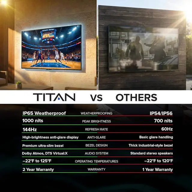 Alt view image 6 of 7 - Titan G100 QLED 43-Inch 4K Smart Outdoor TV, Covered Patio, IP65 Weatherproof, 1000 Nits, Dolby Vision/HDR10+, 60Hz, Google TV AI, Wi-Fi 5, Dolby Atmos, TV Cover, Slim Bezel, 2-Year Warranty