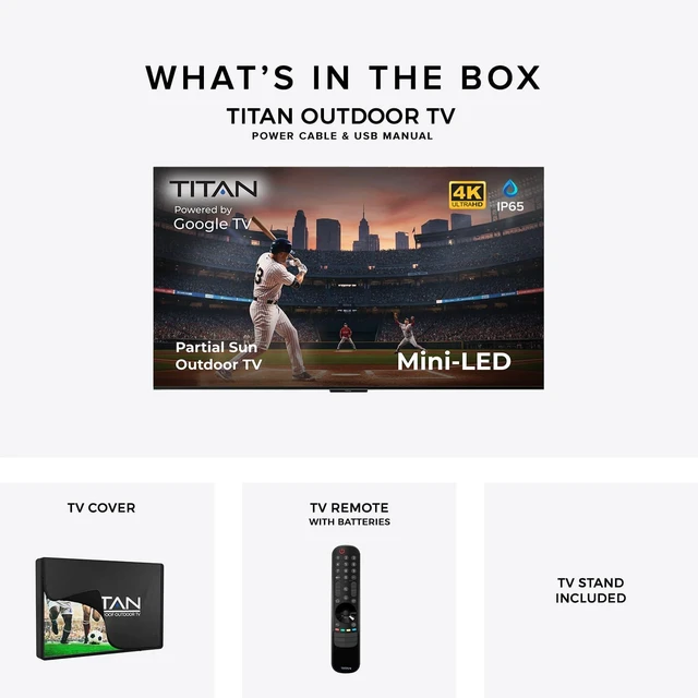 Alt view image 7 of 7 - Titan G200 Mini-QLED 65-Inch 4K Smart Outdoor TV, Partial Sun, IP65, 3000 Nits, Dolby Vision IQ/HDR10+, 144Hz, Google AI OS, Wi-Fi 5, Dolby Atmos/Bang & Olufsen, TV Cover, Slim Bezel, 2-Yr Warranty