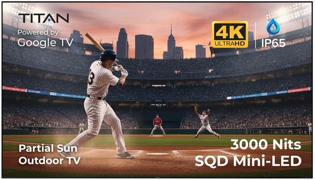 Main image of Titan G200 Mini-QLED 65-Inch 4K Smart Outdoor TV, Partial Sun, IP65, 3000 Nits, Dolby Vision IQ/HDR10+, 144Hz, Google AI OS, Wi-Fi 5, Dolby Atmos/Bang & Olufsen, TV Cover, Slim Bezel, 2-Yr Warranty