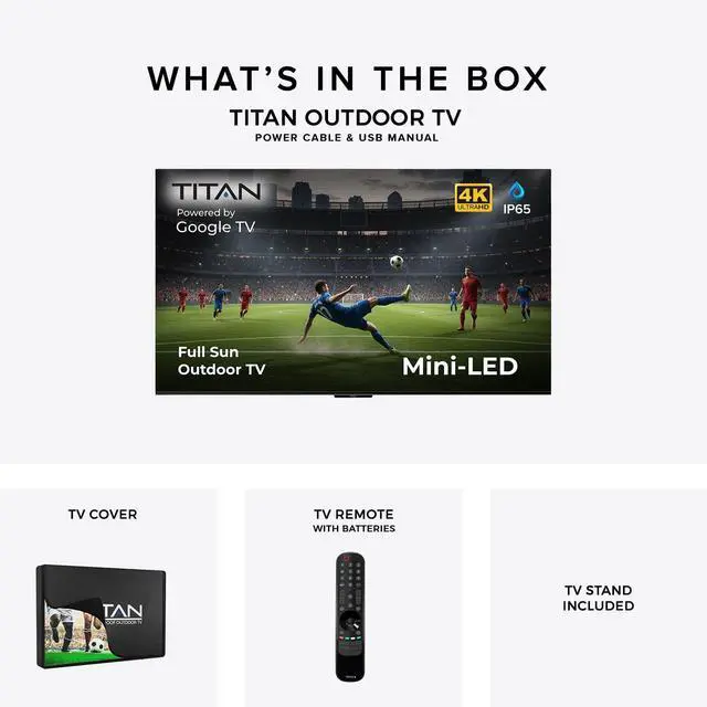 Alt view image 7 of 7 - Titan G300 QLED Mini-LED 85-Inch 4K Smart Outdoor TV, Full Sun, IP65, 6000 Nits, Dolby Vision IQ/HDR10+, 144Hz, Google AI OS, Wi-Fi 6, Dolby Atmos/Bang & Olufsen, TV Cover, Slim Bezel, 2-Yr Warranty