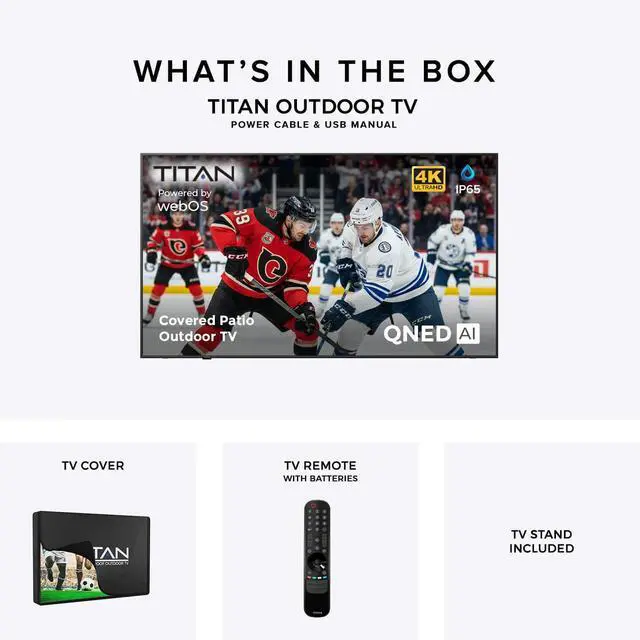 Alt view image 7 of 7 - Titan L100 QNED 65-Inch 4K Smart Outdoor TV, Covered Patio, IP65, HDR10 Pro/HLG, 60Hz Refresh Rate, webOS AI OS, Wi-Fi 5, Dolby Digital, Outdoor TV Cover Included, Slim Bezel, 2-Year Warranty