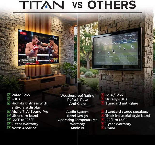 Alt view image 6 of 7 - Titan L100 QNED 65-Inch 4K Smart Outdoor TV, Covered Patio, IP65, HDR10 Pro/HLG, 60Hz Refresh Rate, webOS AI OS, Wi-Fi 5, Dolby Digital, Outdoor TV Cover Included, Slim Bezel, 2-Year Warranty