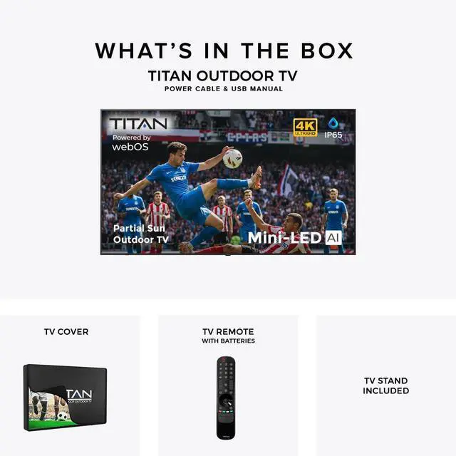 Alt view image 7 of 7 - Titan L200 QNED Mini-LED 75-Inch 4K Smart Outdoor TV, Partial Sun, IP65, 1500 Nits, HDR10 Pro/HLG, 120Hz Refresh Rate, webOS AI OS, Wi-Fi 5, TV Cover, Slim Bezel, 2-Year Warranty