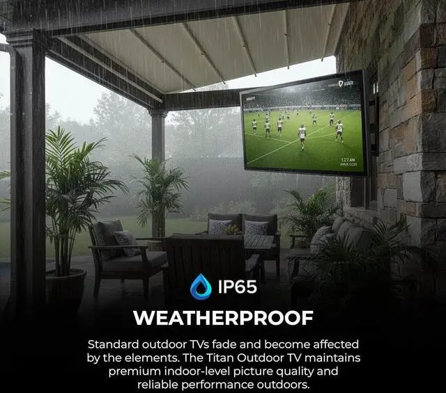 Alt view image 3 of 7 - Titan S100 Mini-LED 75-Inch 4K Smart Outdoor TV, Covered Patio, IP65, 800 Nits, HDR10+, 60Hz, Tizen AI OS, Wi-Fi 5, OTS Lite, Outdoor TV Cover, Slim Bezel, 2 Yr Warranty