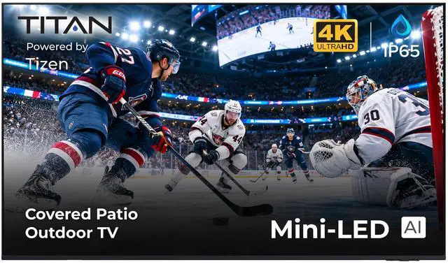 Main image of Titan S100 Mini-LED 75-Inch 4K Smart Outdoor TV, Covered Patio, IP65, 800 Nits, HDR10+, 60Hz, Tizen AI OS, Wi-Fi 5, OTS Lite, Outdoor TV Cover, Slim Bezel, 2 Yr Warranty