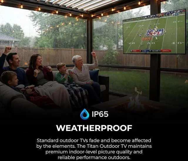 Alt view image 3 of 7 - Titan G100 Mini-QLED 43 Inch Outdoor TV, Covered Patio, IP65 Smart Weatherproof TV, 4K HDR, 60 Hz, GoogleAI OS, 1000Nits, Wi-Fi 5, Dolby Vision&Atmos, Outdoor TV Cover, Slim Bezel, 2Yr Wty