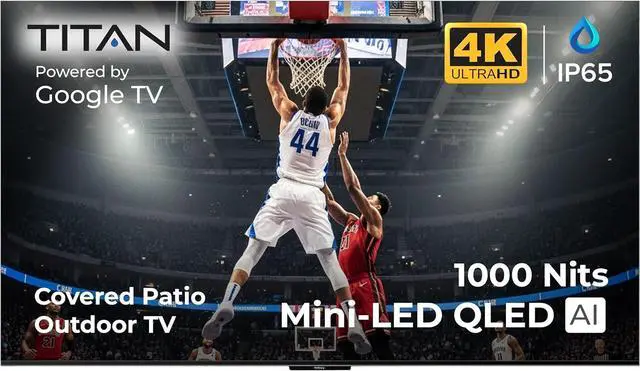 Main image of Titan G100 Mini-QLED 43 Inch Outdoor TV, Covered Patio, IP65 Smart Weatherproof TV, 4K HDR, 60 Hz, GoogleAI OS, 1000Nits, Wi-Fi 5, Dolby Vision&Atmos, Outdoor TV Cover, Slim Bezel, 2Yr Wty