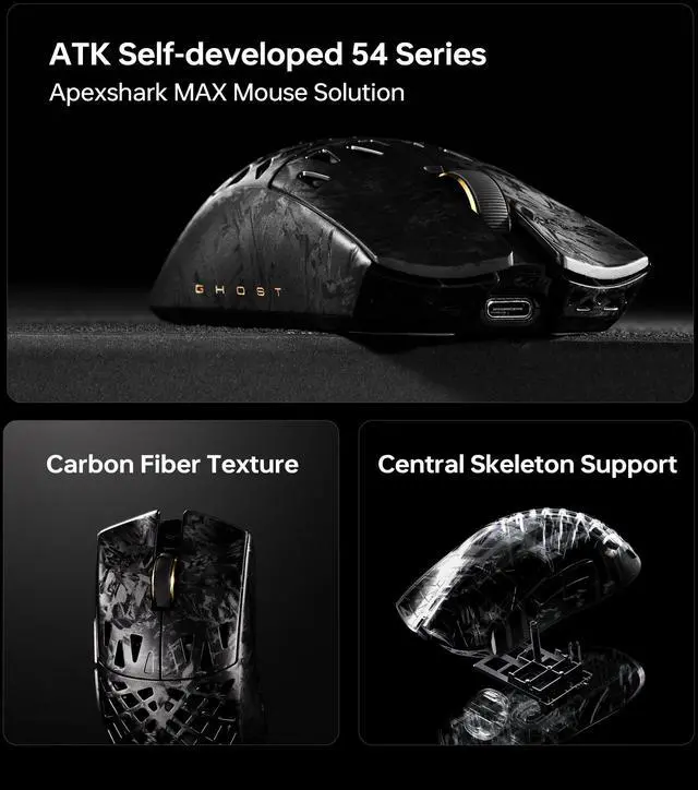 Alt view image 4 of 6 - ATK Blazing Sky Ghost Hollow Wireless Mouse, Bluetooth/Wired Connection, PAW3950 Ultra Sensor, Nordic 54L15, 48g Lightweight, Compatible with Laptop, PC Black