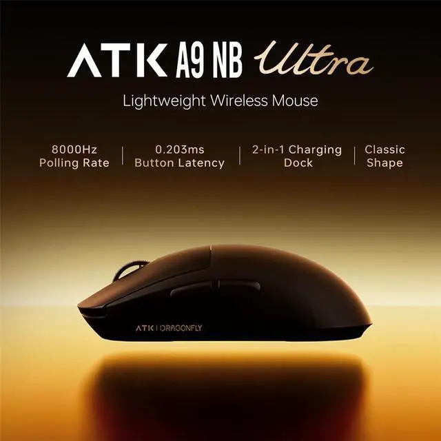Main image of ATK Dragonfly A9 NB Lightweight Wireless Gaming Mouse, PAW3950 Ultra Sensor, 8K Polling, BK Custom Flagship Chip, 2.4G + Dock Charging, Optical Switches, Symmetrical Design White