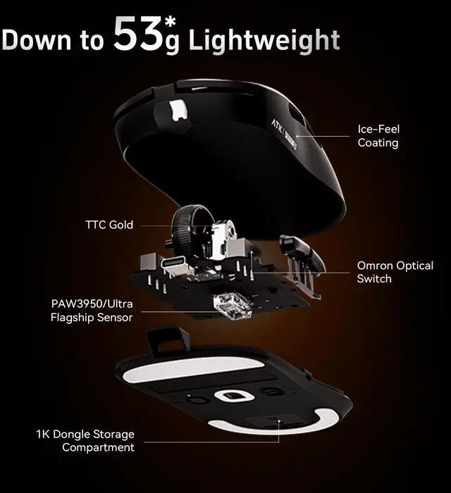 Alt view image 4 of 6 - ATK Dragonfly A9 Pro Max Wireless Gaming Mouse, Bluetooth, Wired, Portable, 57g Lightweight, Paw3395 Ultra Sensor, 200 Hr Battery Life, Compatible with Laptop, PC