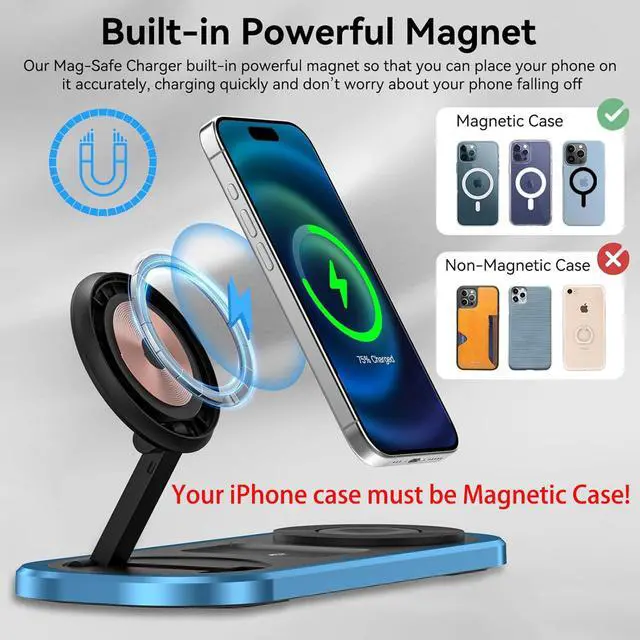 Alt view image 4 of 7 - 3 in 1 Fast Wireless Charger Stand for iPhone, Foldable Travel Charging Station for Magsafe for iPhone 17/Air/16/15/14/13/12 Series, Apple Watch Series, AirPods pro/2/3/4, 2025 Christ mas Gifts (Blue)