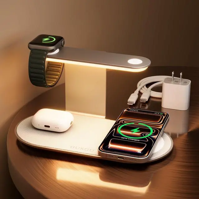 Main image of GUSGU 3 in 1 Charging Station for MagSafe Wireless Charger with Three-Level Night Light, 15W Max Fast Charging for iPhone 17/16/15/14/13/, Apple Watch Series 2-11/SE 3/ Ultra 3, AirPods Pro 3-Gray